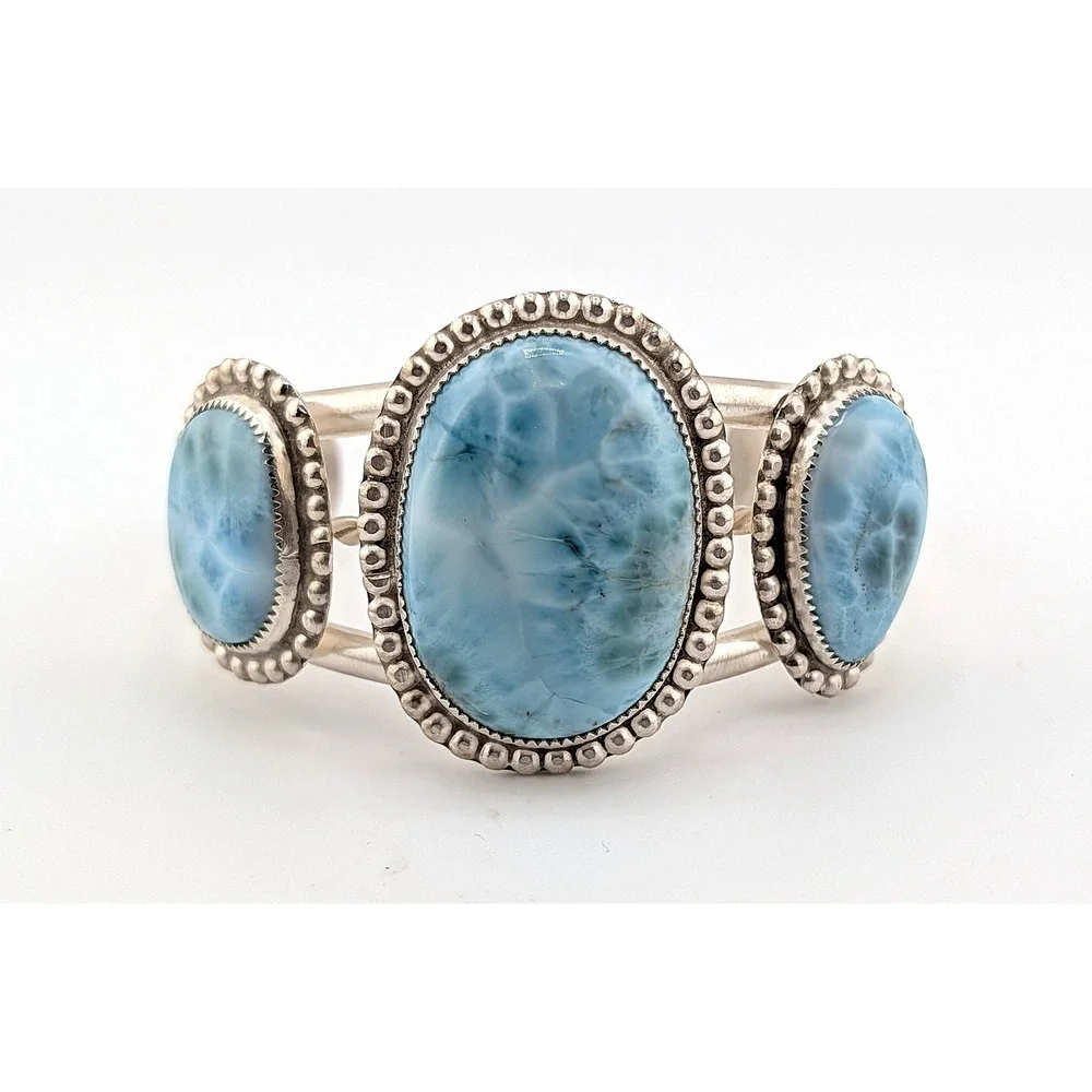 Handmade Larimar Statement Cuff Bracelet in Sterling Silver Unique Jewelry Gift* - Picture 2 of 10